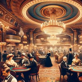 Bilden visar ett exempel på hur det kunde se ut på ett lyxigt casino från tidigt 1900-tal. Casinot har glamourös interiör och eleganta ljuskronor. Människorna är finklädda i vintagekläder sitter vid spelbord och spelar klassiska casinospel.