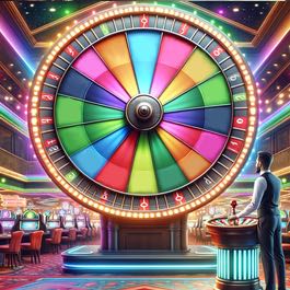 Ett stort lyckohjul med fält i olika färger på ett casino. Framför hjulet står dealern som sköter hjulet. 