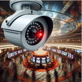 En övervakningskamera som sitter i taket på ett casino skapar säkerhet