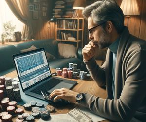 En man sitter och funderar på pokerodds. Mannen sitter vid datorn och tittar på statistik samtidigt som han räknar på pokerodds på en miniräknare. Runt om på skrivbordet finns pokermarker. 