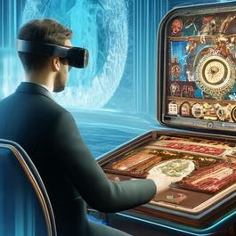 En man i kostym sitter och spelar på en spelautomat med VR-glasögon.