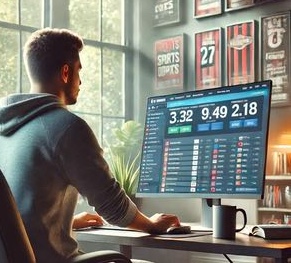 En man sitter framför en datorskärm och tittar på odds på matcher