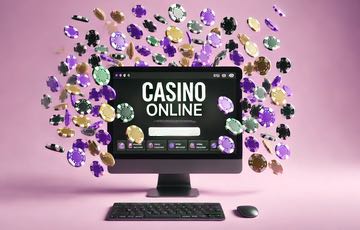 Bild på en dator där det står casino online på skärmen. Runt datorn svävar mängder med casinomarker