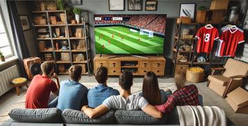 Ett gäng kompisar sitter i en soffa och tittar på en fotbollsmatch som de spelat på i Europatipset