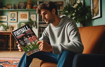 En man sitter i en soffa och läser speltips för Topptipset i en tidning.