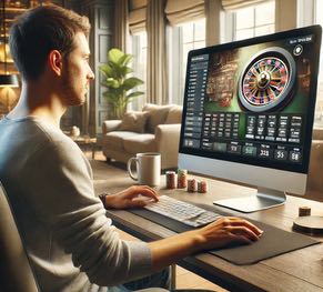 En man sitter framför datorn och spelar casino online. På datorskärmen syns ett roulettehjul.
