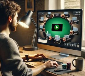 En man sitter framför datorn och spelar poker online. Spelet har inte börjat än. På skärmen syns en spelknapp mannen måste trycka på för att starta pokerspelet.